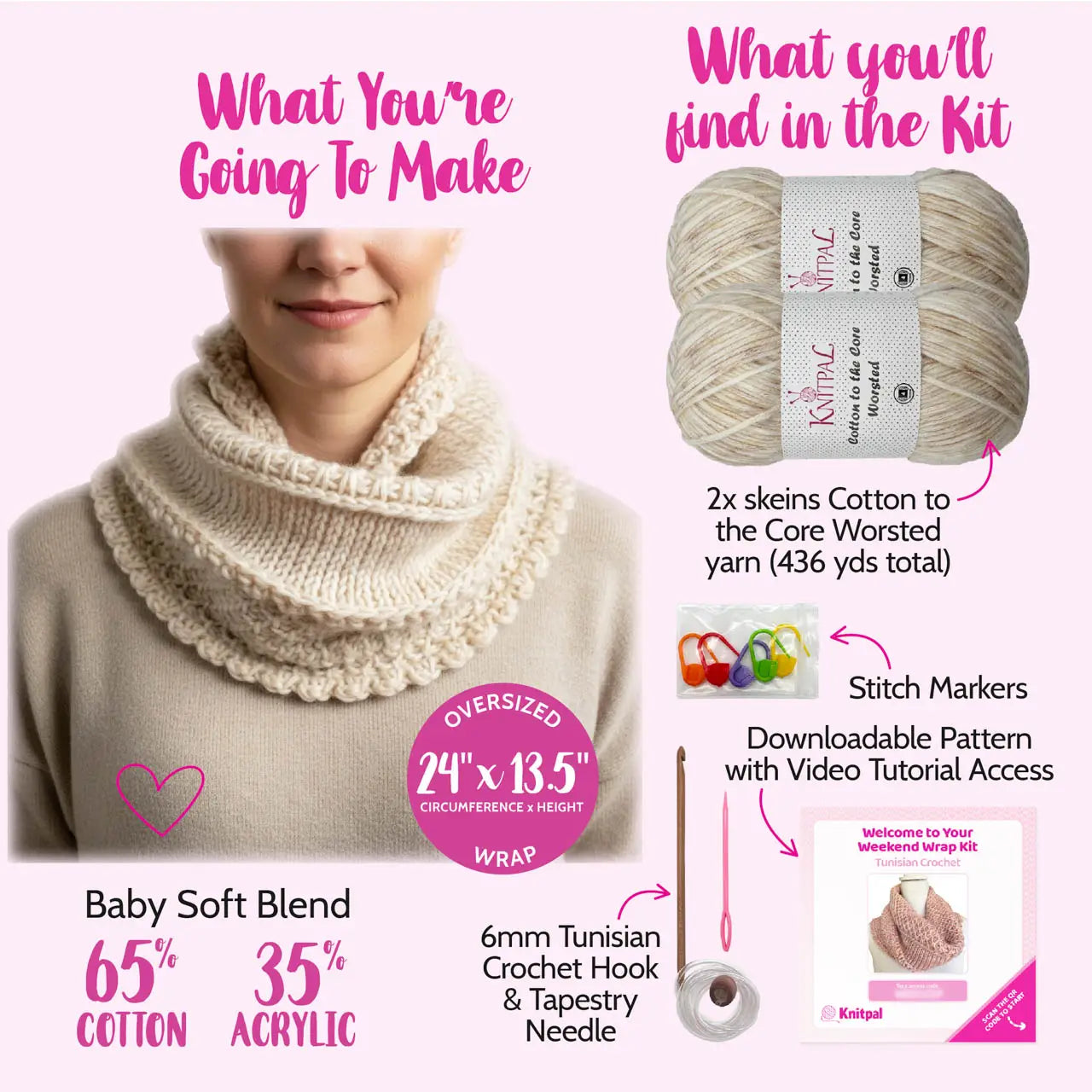 Knitted wrap with KnitPal Cotton to the Core yarn and knitting tools on a pink background
