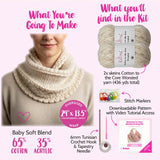 Knitted wrap with KnitPal Cotton to the Core yarn and knitting tools on a pink background