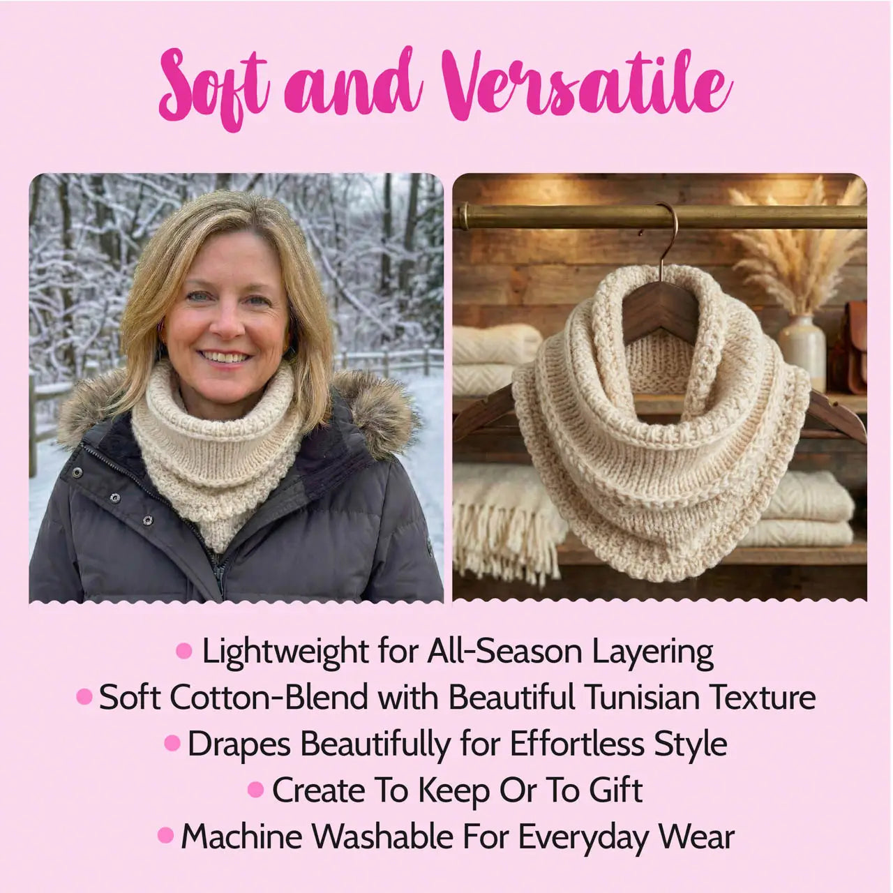 Woman wearing a beige scarf outdoors with text highlighting scarf's features on a pink background