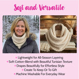 Woman wearing a beige scarf outdoors with text highlighting scarf's features on a pink background