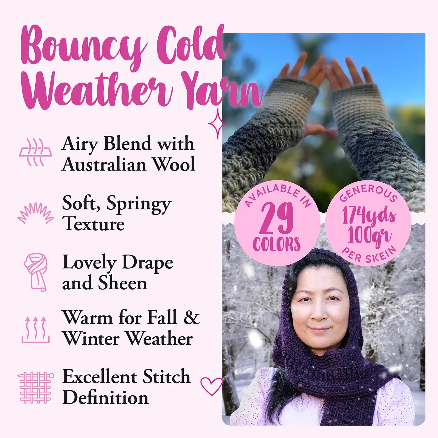 Promotional graphic for 'Bouncy Cold Weather Yarn' featuring a woman wearing a knitted dark purple headscarf and gray fingerless gloves, alongside text highlighting the airy blend with Australian wool, soft springy texture, drape, and excellent stitch definition.