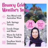 Promotional graphic for 'Bouncy Cold Weather Yarn' featuring a woman wearing a knitted dark purple headscarf and gray fingerless gloves, alongside text highlighting the airy blend with Australian wool, soft springy texture, drape, and excellent stitch definition.