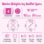 A pink and white knitting yarn information graphic titled 'Woolen Delights by KnitPal Specs' showing yarn type, needle sizes, dimensions, and yardage requirements for worsted and 11 WPI knitting.