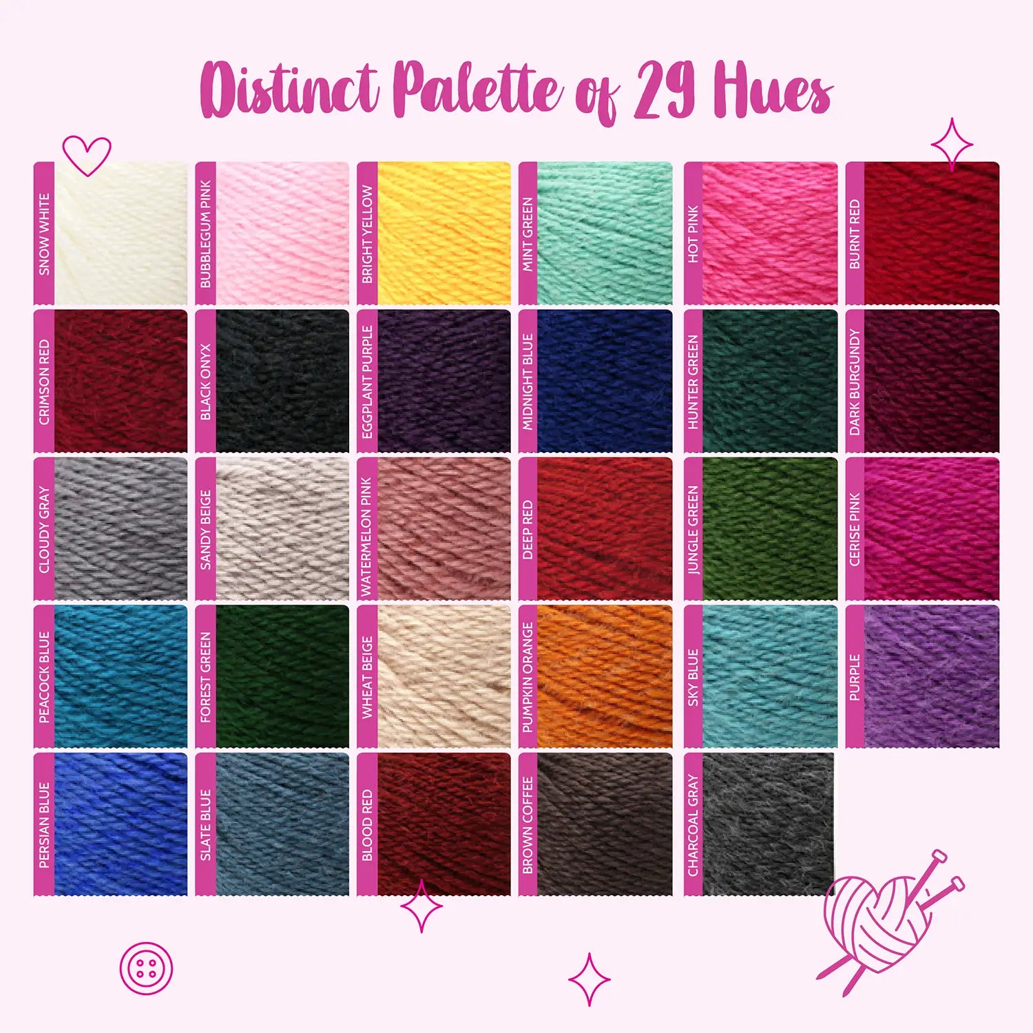 A color chart titled 'Distinct Palette of 29 Hues' showing a grid of 29 yarn color swatches for Woolen Wonders yarn in many different colors on a light pink background with decorative pink icons.