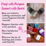 Promotional graphic for KnitPal featuring a pink background with text about inclusive crafting community, tutorials, charity support, and yarn satisfaction guarantee, alongside two inset photos showing crocheted fingerless gloves and colorful yarn balls.