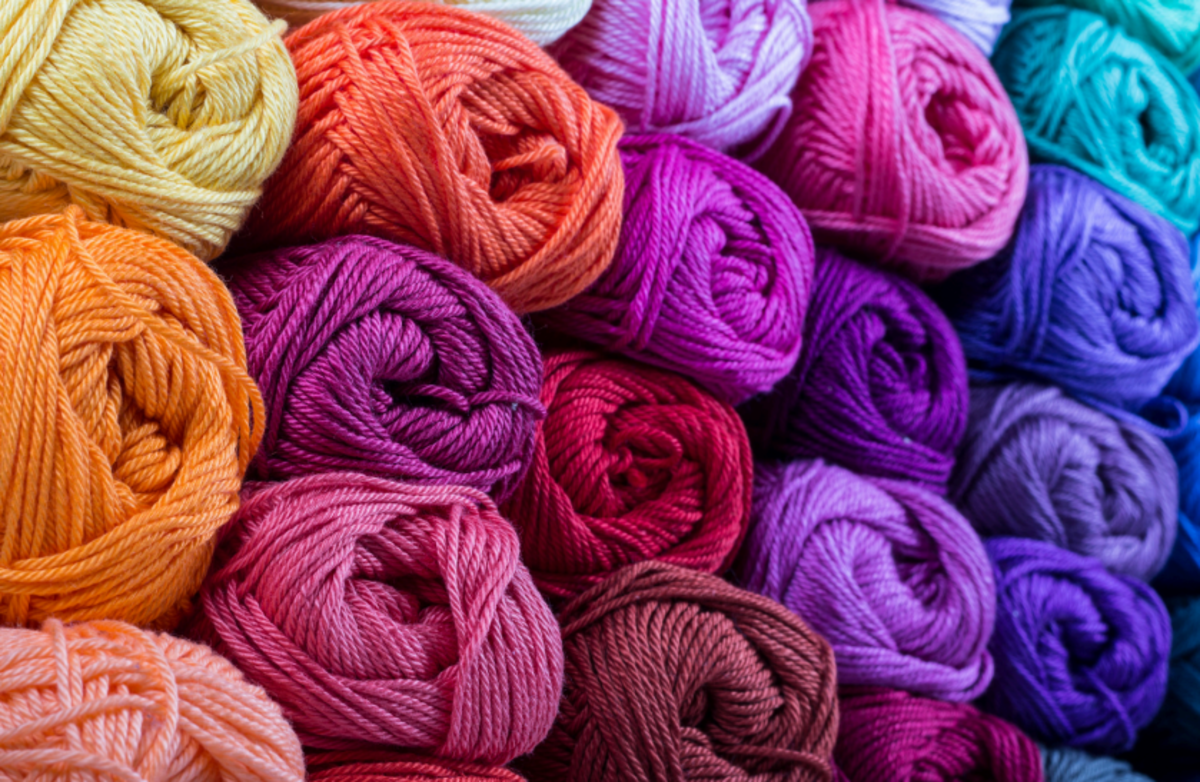 A gradient of rainbow skeins of yarn