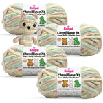 KnitPal Chenillique XL super bulky chenille yarn in Beach Sand pastel colorway, four skeins with crochet teddy plushie