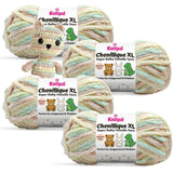 KnitPal Chenillique XL super bulky chenille yarn in Beach Sand pastel colorway, four skeins with crochet teddy plushie