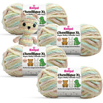 KnitPal Chenillique XL super bulky chenille yarn in Beach Sand pastel colorway, four skeins with crochet teddy plushie