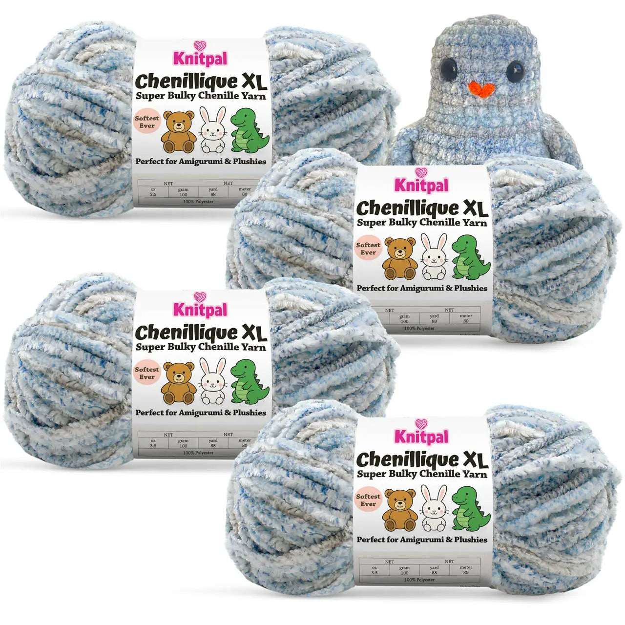 KnitPal Chenillique XL super bulky chenille yarn in Blue Whisper blue and gray colorway, four skeins with crochet bird plushie.