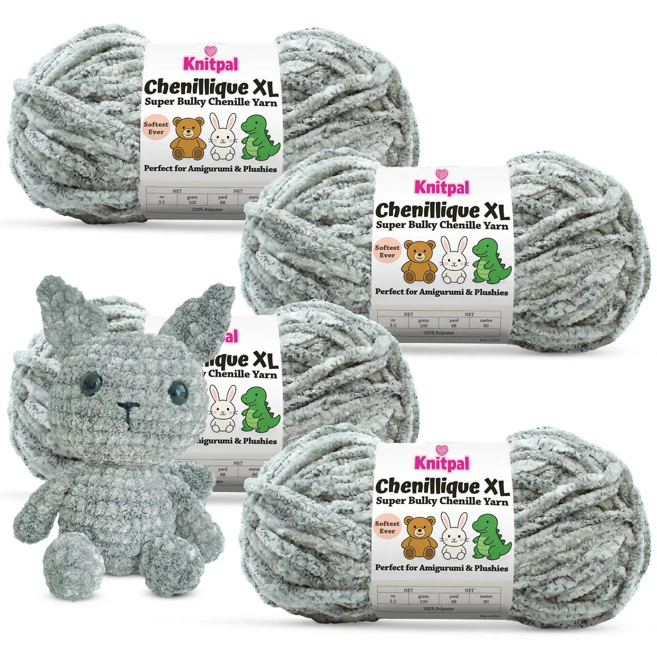 KnitPal Chenillique XL super bulky chenille yarn in Clouded Ink heathered gray colorway, four skeins with crochet cat plushie.