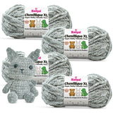 KnitPal Chenillique XL super bulky chenille yarn in Clouded Ink heathered gray colorway, four skeins with crochet cat plushie.