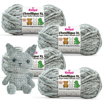 KnitPal Chenillique XL super bulky chenille yarn in Clouded Ink heathered gray colorway, four skeins with crochet cat plushie.