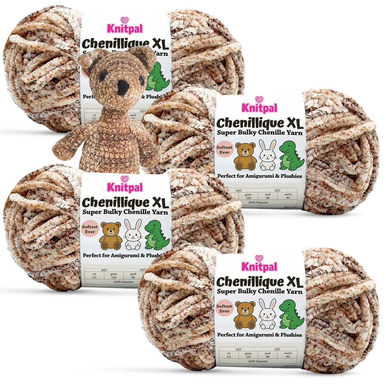 KnitPal Chenillique XL super bulky amigurumi chenille yarn in Cocoa Dust speckled brown colorway, four skeins with crochet bear plushie.