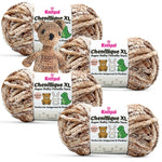 KnitPal Chenillique XL super bulky amigurumi chenille yarn in Cocoa Dust speckled brown colorway, four skeins with crochet bear plushie.