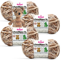 KnitPal Chenillique XL super bulky amigurumi chenille yarn in Cocoa Dust speckled brown colorway, four skeins with crochet bear plushie.