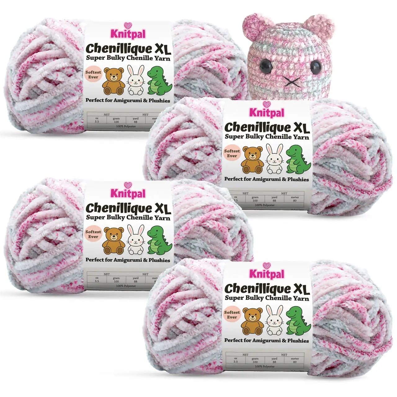 KnitPal Chenillique XL super bulky chenille yarn in Dusky Rose pink and gray colorway, four skeins with crochet bear plushie.