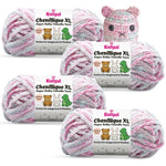 KnitPal Chenillique XL super bulky chenille yarn in Dusky Rose pink and gray colorway, four skeins with crochet bear plushie.