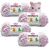 KnitPal Chenillique XL super bulky chenille yarn in Dusky Rose pink and gray colorway, four skeins with crochet bear plushie.