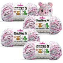 KnitPal Chenillique XL super bulky chenille yarn in Dusky Rose pink and gray colorway, four skeins with crochet bear plushie.