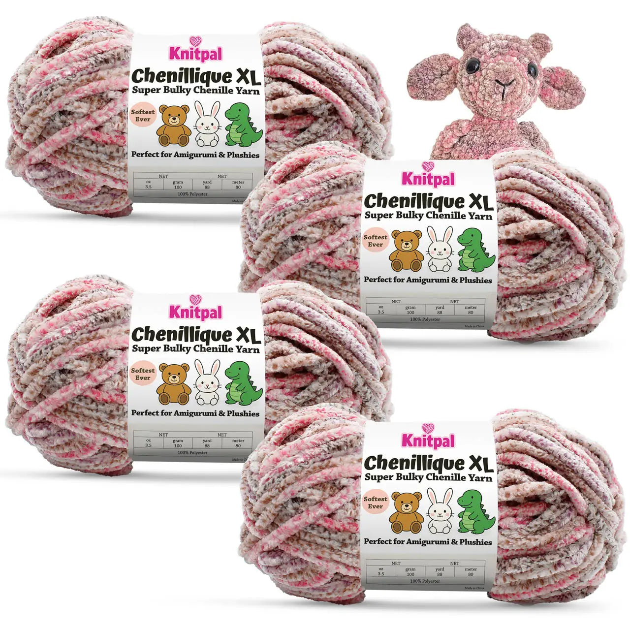 KnitPal Chenillique XL super bulky chenille yarn in Enchanted Berry pink and mauve colorway, four skeins with amigurumi crochet lamb plushie.