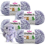 KnitPal Chenillique XL super bulky chenille yarn in Lavender Bliss purple and white colorway, four skeins with crochet bunny plushie.