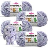 KnitPal Chenillique XL super bulky chenille yarn in Lavender Bliss purple and white colorway, four skeins with crochet bunny plushie.