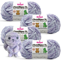 KnitPal Chenillique XL super bulky chenille yarn in Lavender Bliss purple and white colorway, four skeins with crochet bunny plushie.
