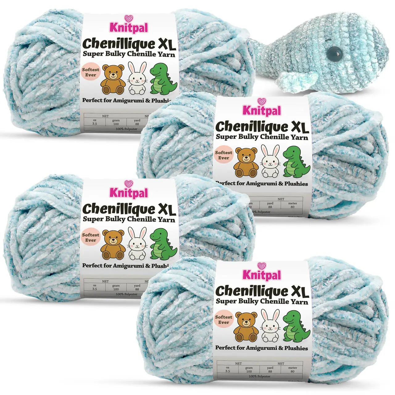 KnitPal Chenillique XL super bulky chenille yarn in Ocean Mist blue and white colorway, four skeins with crochet whale plushie.