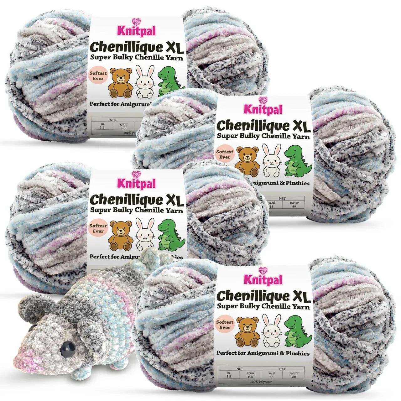KnitPal Chenillique XL super bulky chenille yarn in Orchid Mist gray, blue, and lilac colorway, four skeins with amigurumi crochet mouse plushie