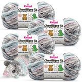 KnitPal Chenillique XL super bulky chenille yarn in Orchid Mist gray, blue, and lilac colorway, four skeins with amigurumi crochet mouse plushie