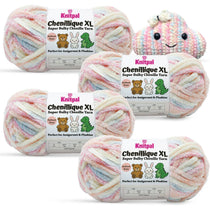 KnitPal Chenillique XL super bulky chenille yarn in Pastel Dreams pink, blue, and cream colorway, four skeins with amigurumi crochet cloud plushie.