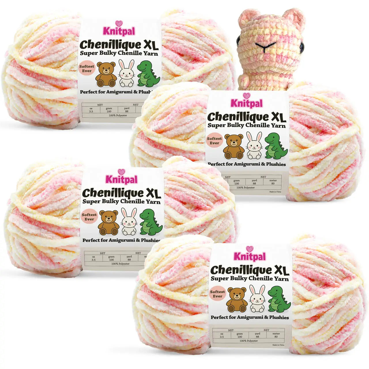 KnitPal Chenillique XL super bulky chenille yarn in Peach Fizz pink, peach, and cream colorway, four skeins with crochet bear plushie.