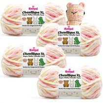 KnitPal Chenillique XL super bulky chenille yarn in Peach Fizz pink, peach, and cream colorway, four skeins with crochet bear plushie.
