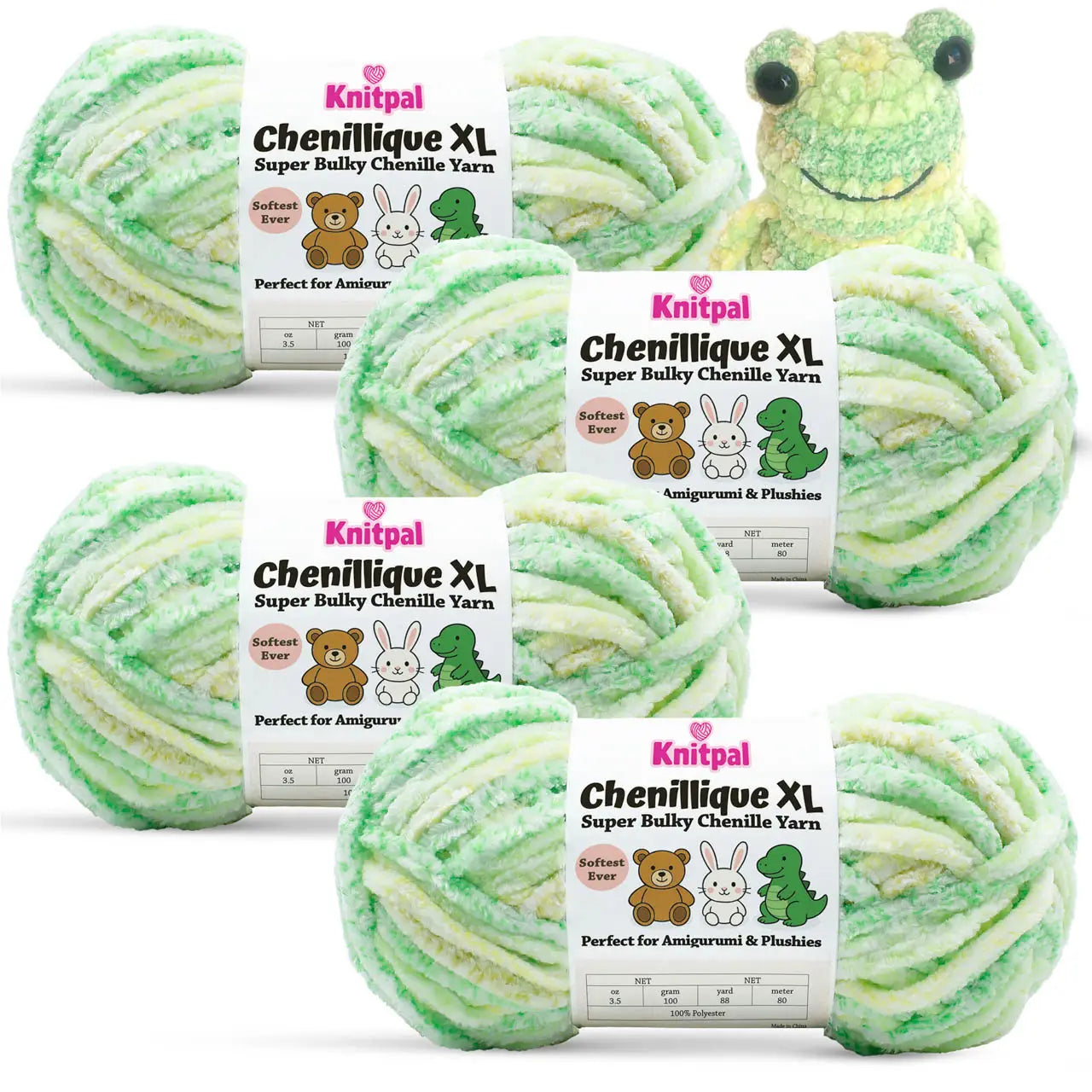KnitPal Chenillique XL super bulky chenille yarn in Spring Green green, yellow, and cream colorway, four skeins with amigurumi crochet frog plushie.