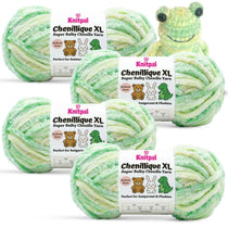 KnitPal Chenillique XL super bulky chenille yarn in Spring Green green, yellow, and cream colorway, four skeins with amigurumi crochet frog plushie.