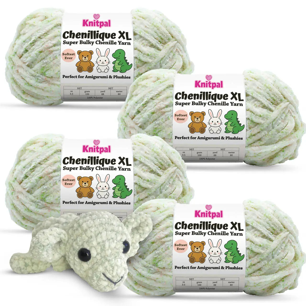 KnitPal Chenillique XL super bulky chenille yarn in Spring Haze cream and green speckled colorway, four skeins with crochet elephant plushie.