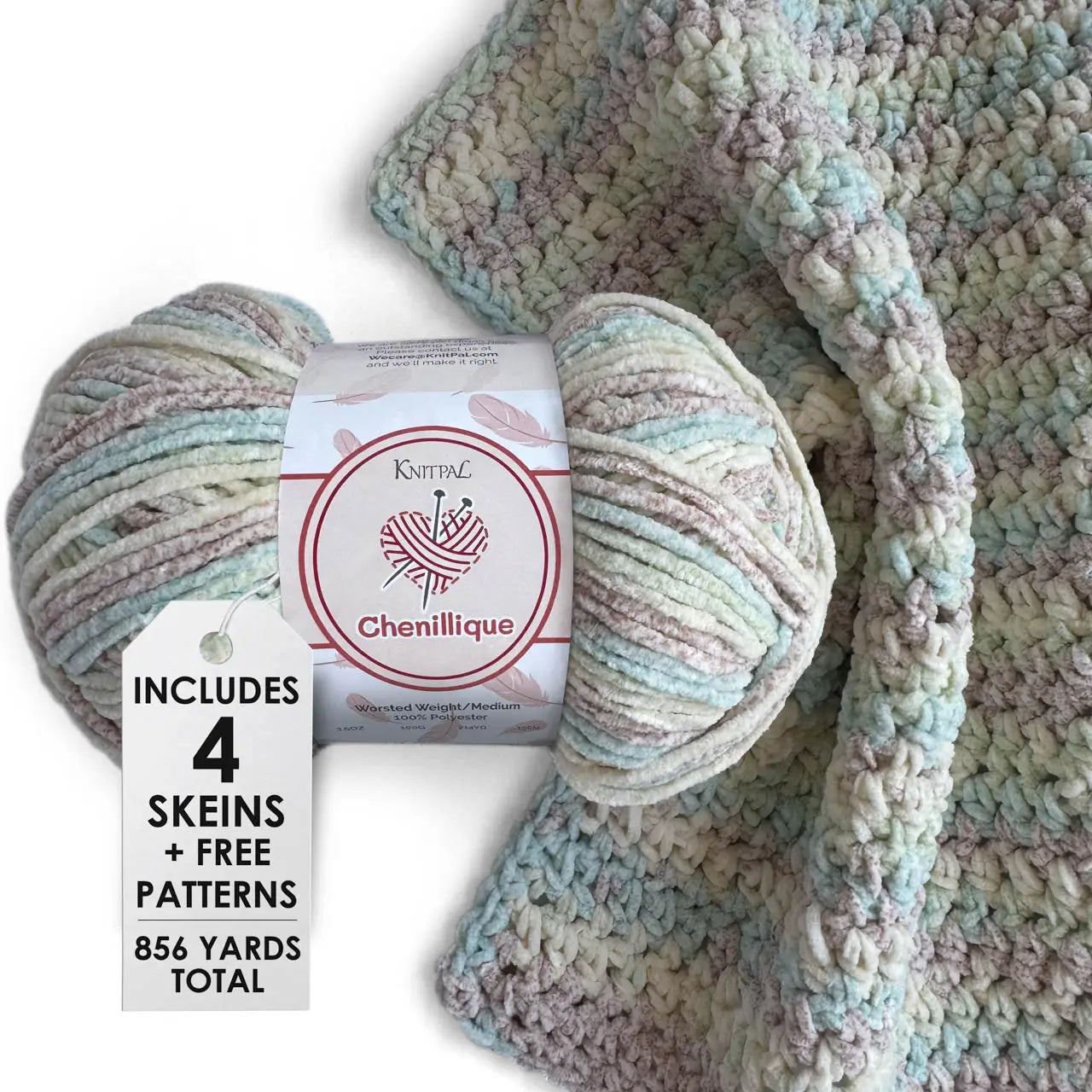 KnitPal Chenillique yarn in Beach Sand colorway, worsted weight 100% polyester chenille cake with label, styled with knitted swatch
