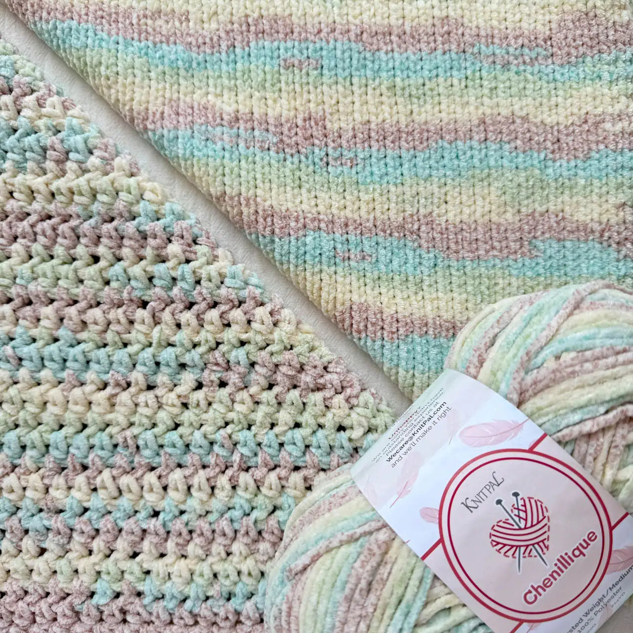 KnitPal Chenillique Beach Sand chenille yarn swatch showing knit and crochet texture side by side in soft mint, cream, and blush tones