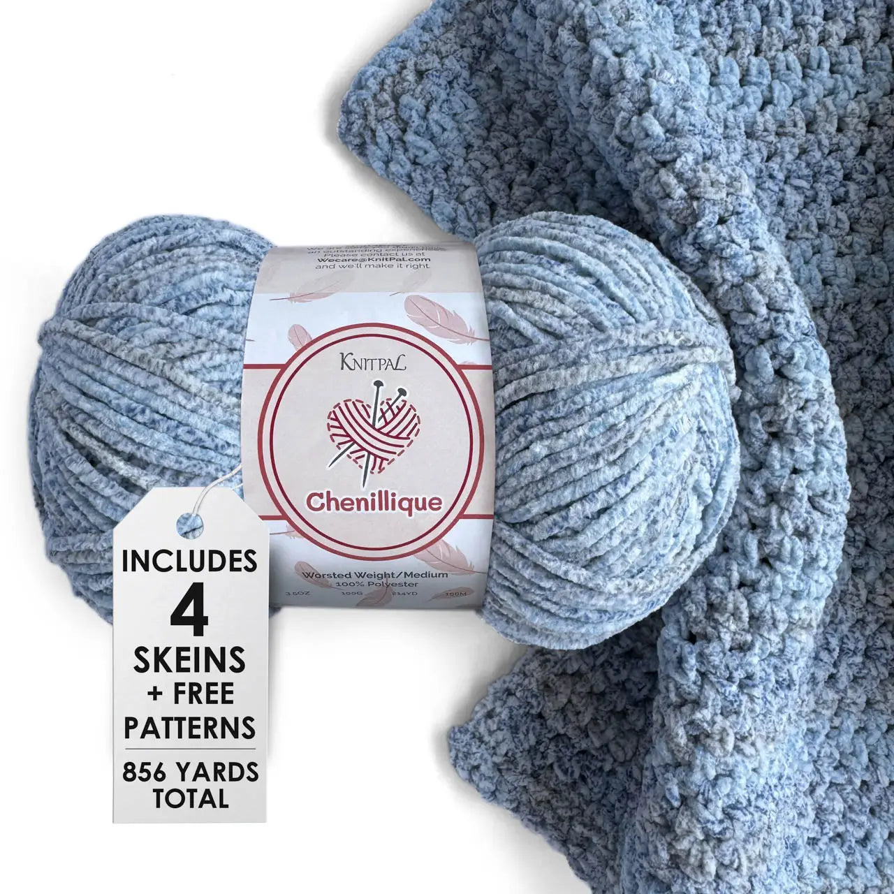 KnitPal Chenillique yarn in Blueberry Whisper colorway, worsted weight 100% polyester chenille cake with label, styled with knitted swatch