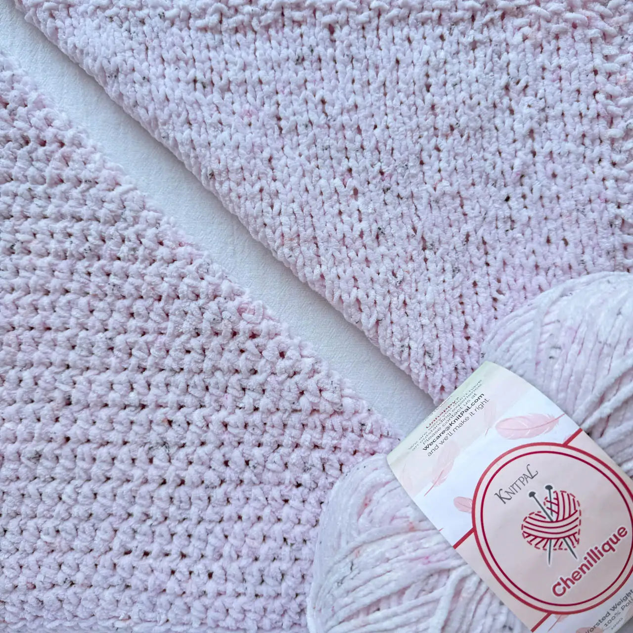 KnitPal Chenillique Blush Confetti chenille yarn swatch showing knit and crochet texture side by side in pale pink with subtle flecks