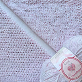 KnitPal Chenillique Blush Confetti chenille yarn swatch showing knit and crochet texture side by side in pale pink with subtle flecks