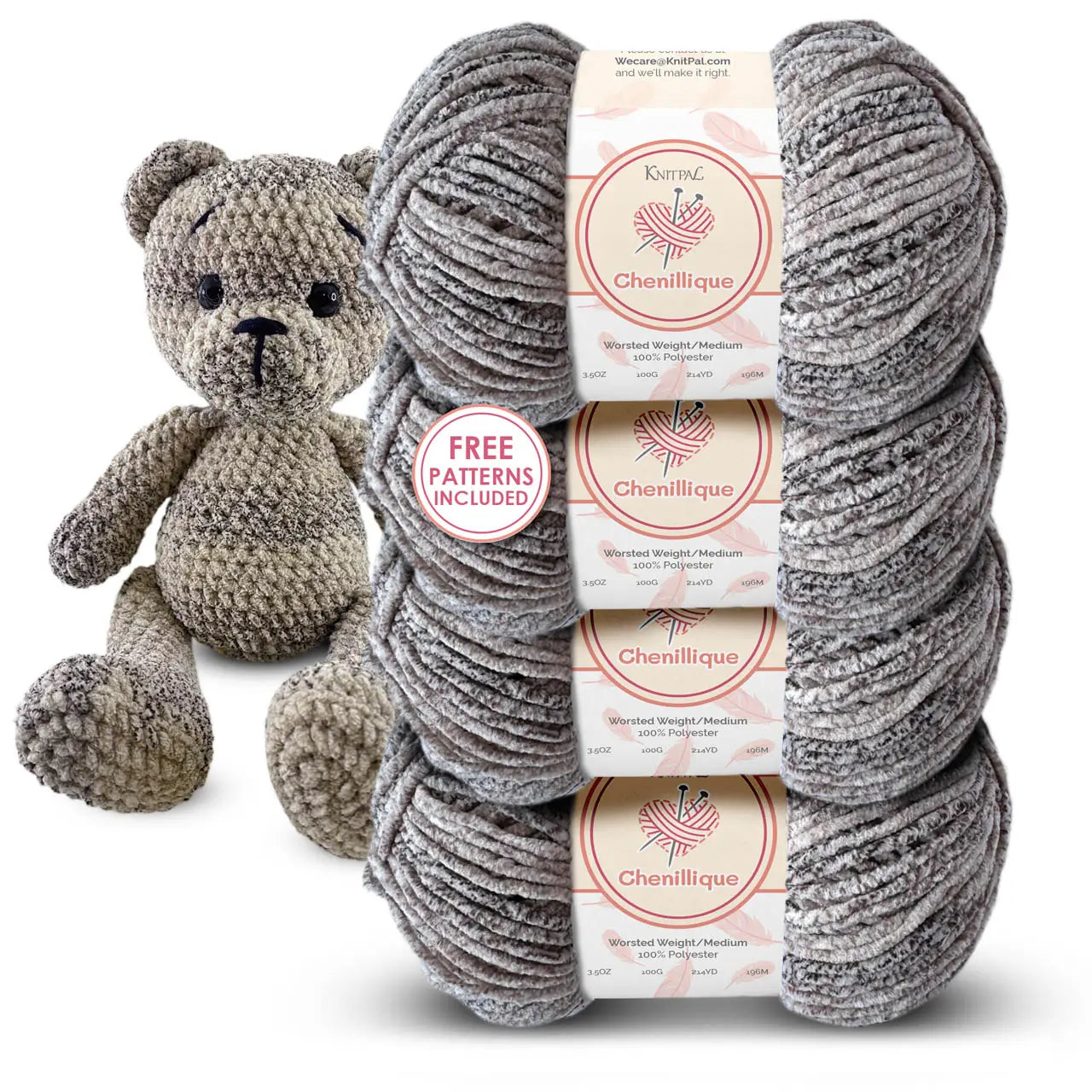 Four skeins of KnitPal Chenillique Cub Brown worsted weight chenille yarn stacked with a crocheted teddy bear amigurumi