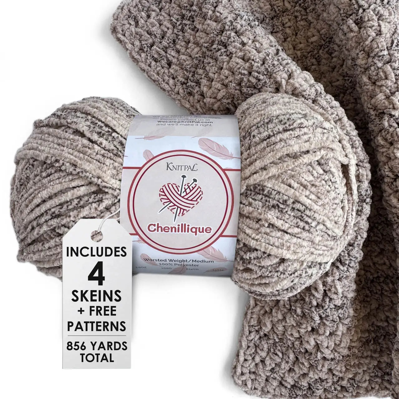 KnitPal Chenillique yarn in Cub Brown colorway, worsted weight 100% polyester chenille cake with label, styled with knitted swatch