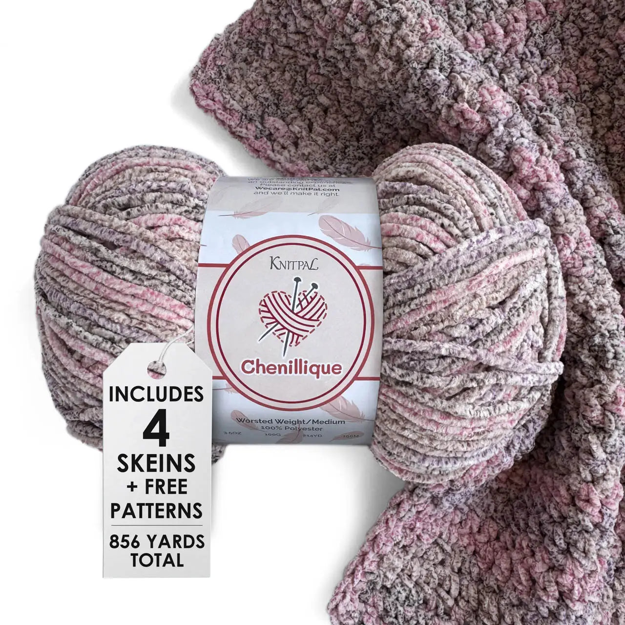 KnitPal Chenillique yarn in Enchanted Berry colorway, worsted weight 100% polyester chenille cake with label, styled with knitted swatch