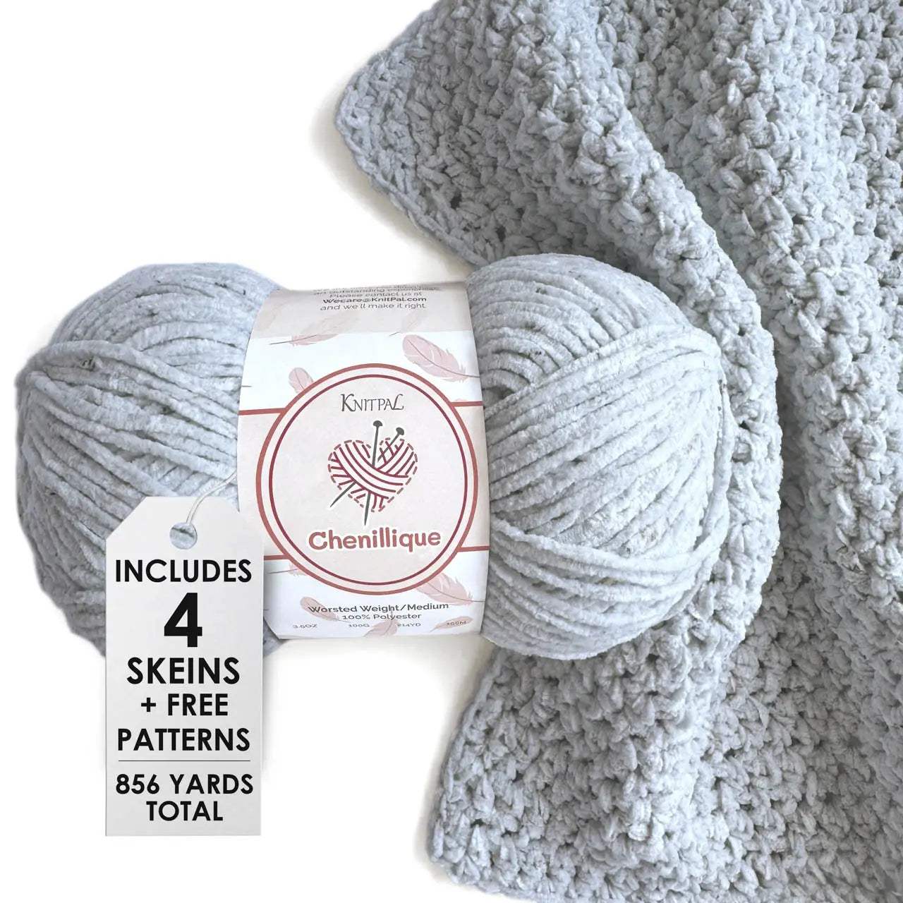 KnitPal Chenillique yarn in Frosted Blue colorway, worsted weight 100% polyester chenille cake with label, styled with knitted swatch