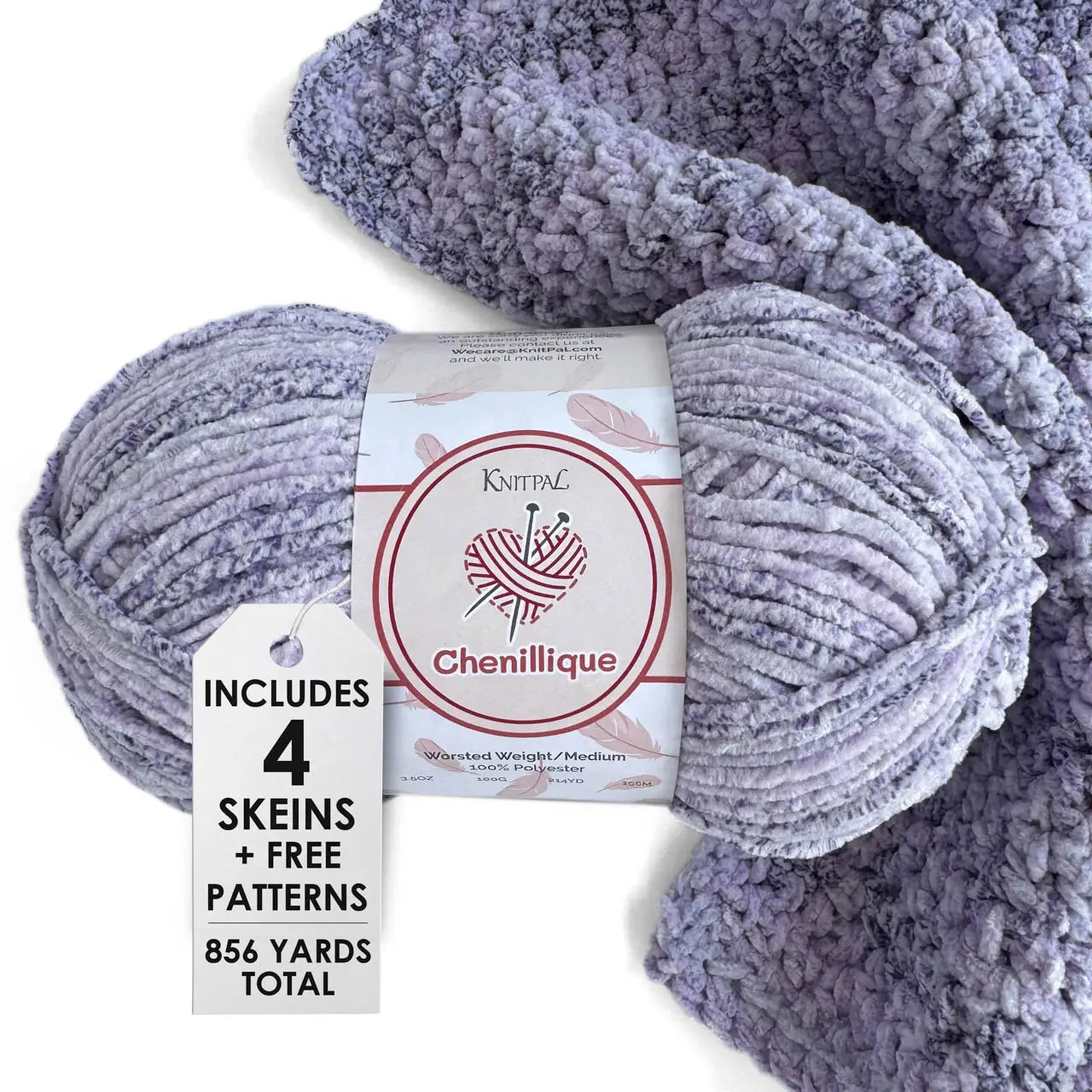 KnitPal Chenillique yarn in Lavender Bliss colorway, worsted weight 100% polyester chenille cake with label, styled with knitted swatch