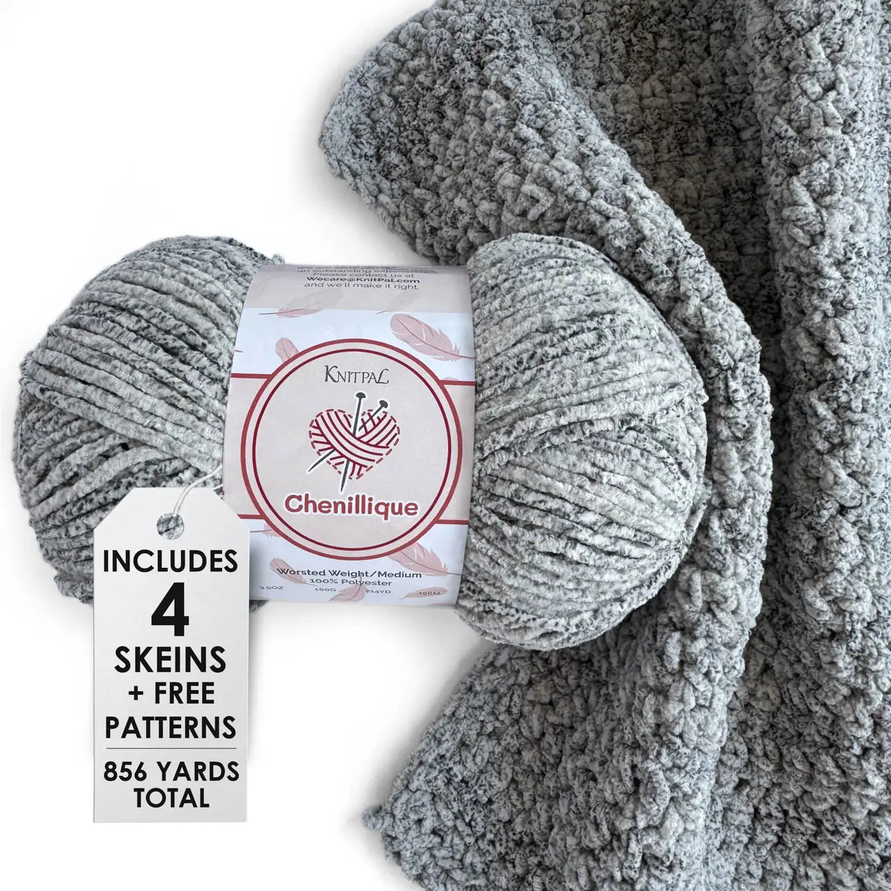 KnitPal Chenillique yarn in Ocean Mist colorway, worsted weight 100% polyester chenille cake with label, styled with knitted swatch