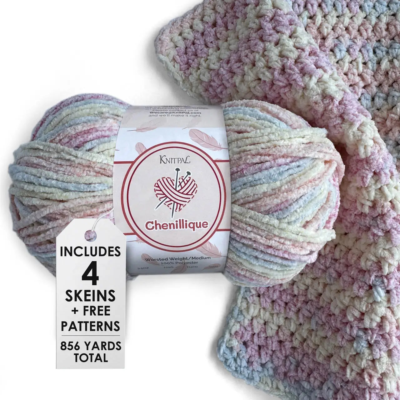 KnitPal Chenillique yarn in Pastel Dreams colorway, worsted weight 100% polyester chenille cake with label, styled with knitted swatch