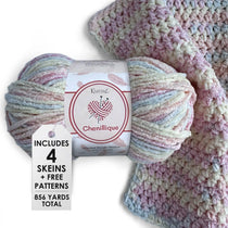 KnitPal Chenillique yarn in Pastel Dreams colorway, worsted weight 100% polyester chenille cake with label, styled with knitted swatch